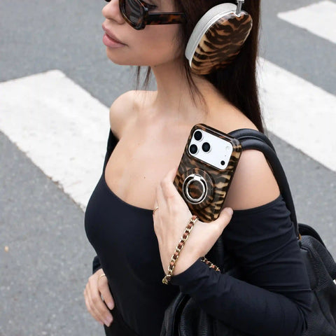 Brown Metallic Leather Chain Phone Charm