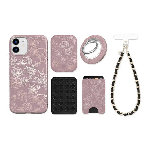 Dusty Rose Chrome Floral iPhone Bundle Set