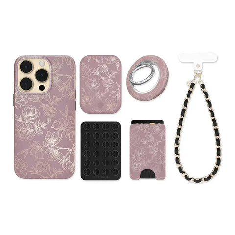 Dusty Rose Chrome Floral iPhone Bundle Set