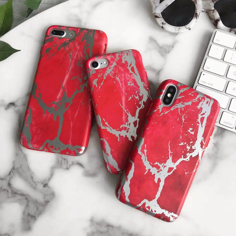 Red Marble Silver Chrome iPhone Case