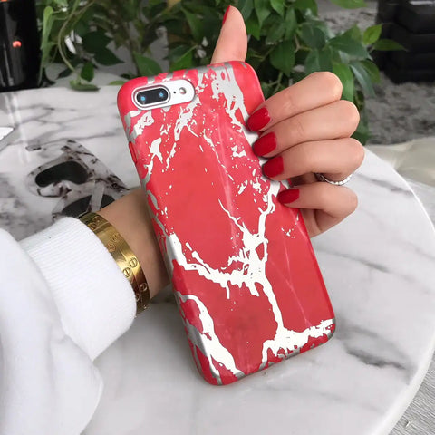 Red Marble Silver Chrome iPhone Case