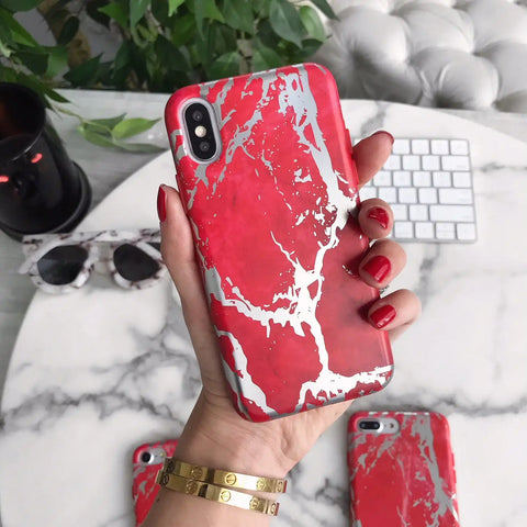 Red Marble Silver Chrome iPhone Case