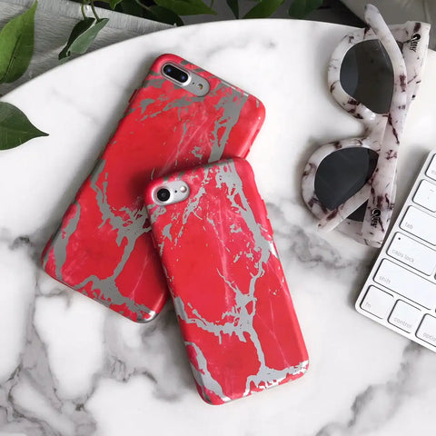 Red Marble Silver Chrome iPhone Case