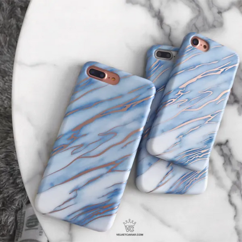 Sky Blue Rose Gold Chrome Marble iPhone case